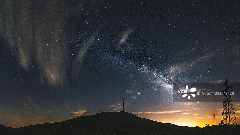 厦门自然风光：银河之下的同安云顶山风力发电站图片素材
