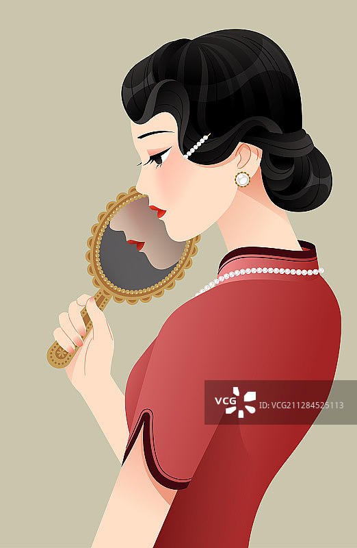 一个拿着镜子的旗袍美女图片素材