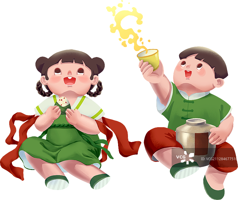 端午节中国风穿汉服的孩子吃粽子无字无背景插画图片素材