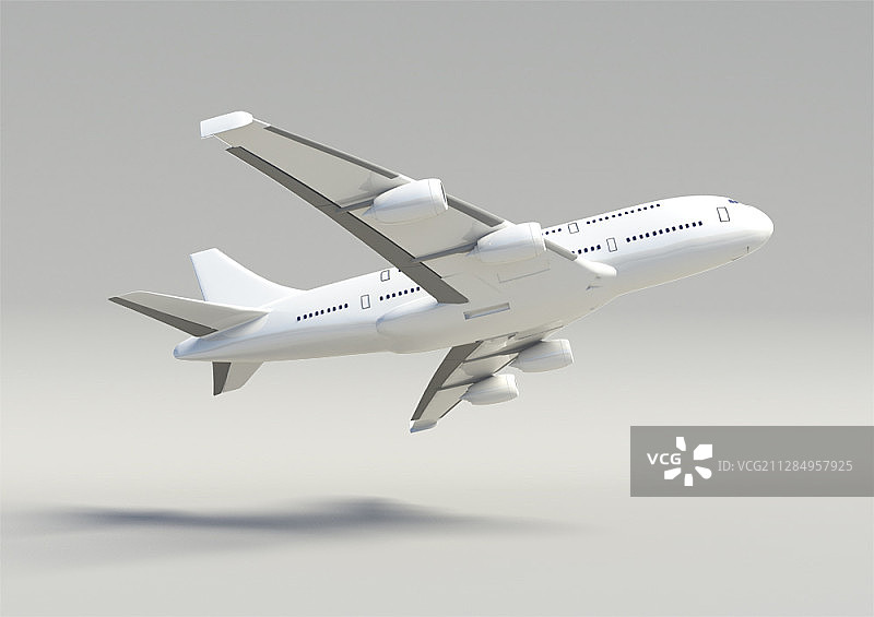 在简单的灰色渐变背景上起飞的白色飞机的3D插图图片素材