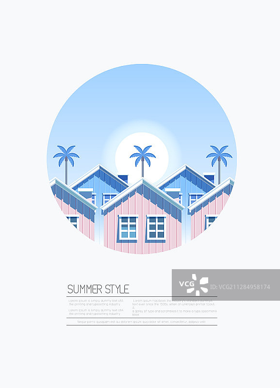 矢量插图的夏天与海滩房子和棕榈树图片素材