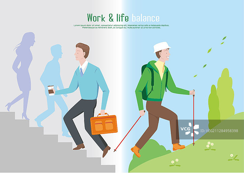 矢量插图的工作和平衡的商人通勤和男人徒步旅行图片素材