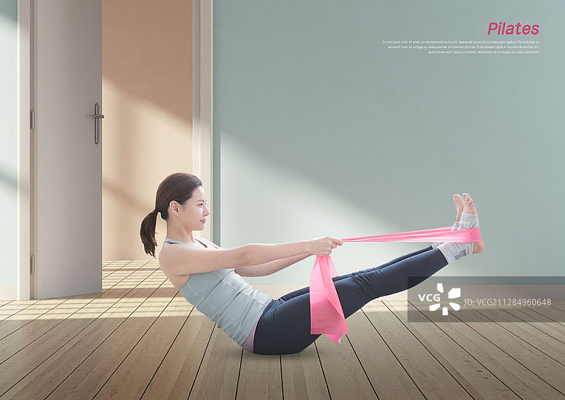 数字合成图像的妇女在活动穿着拉伸腿与粉红色的阻力带图片素材