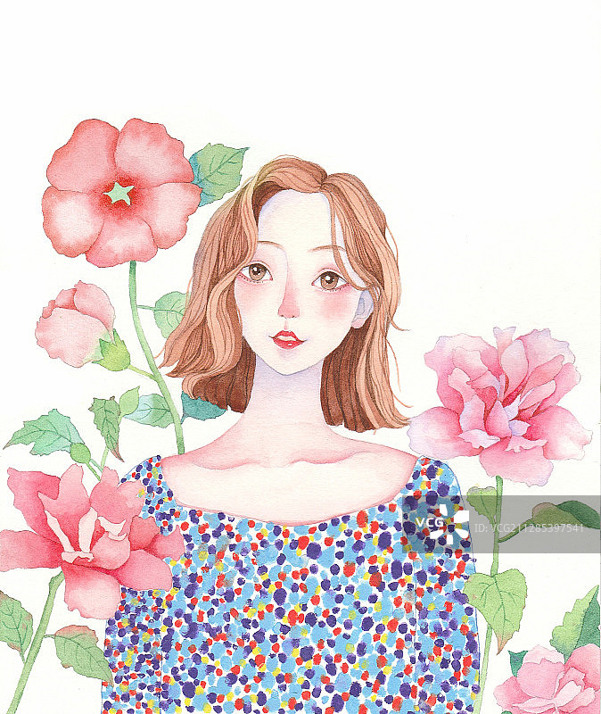 水彩手绘唯美清新优雅可爱短发少女与花卉插画图片素材