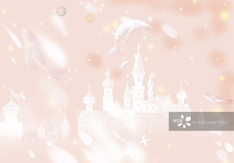 粉色水晶城堡上舞动的鲸鱼图片素材