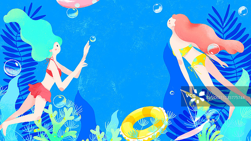 夏天潜泳的两个少女与海草游泳圈插画图片素材