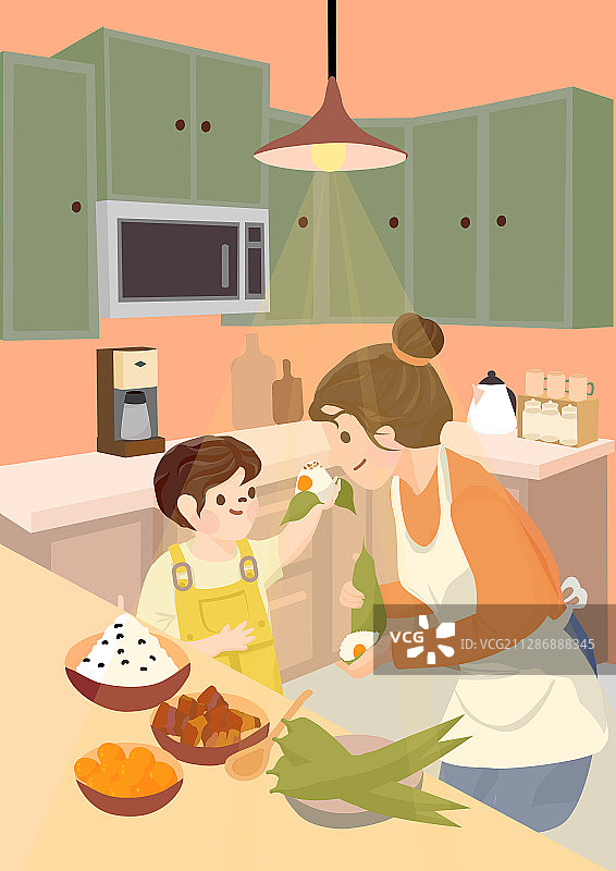 母亲节端午节包粽子亲子厨房矢量竖版无字图片素材