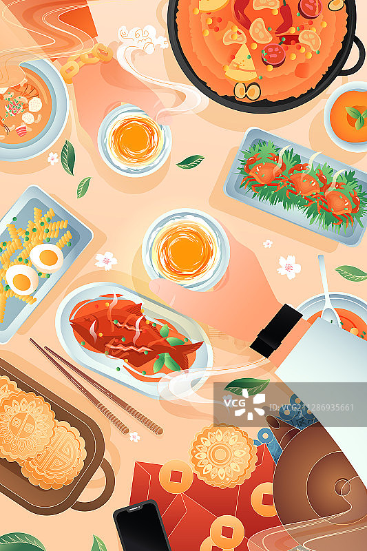 卡通中秋节吃饭喝酒顶视图聚餐美食月饼传统中国风矢量插画图片素材