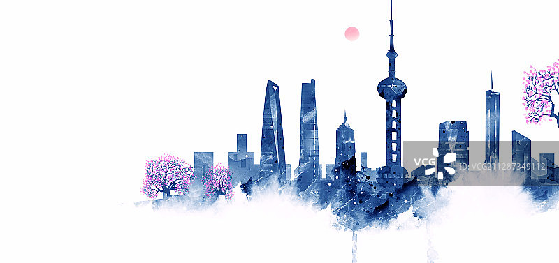 上海陆家嘴城市建筑群水彩插画图片素材