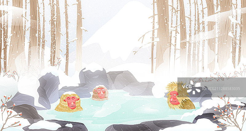 二十四节气冬至森林猴子泡温泉插画图片素材