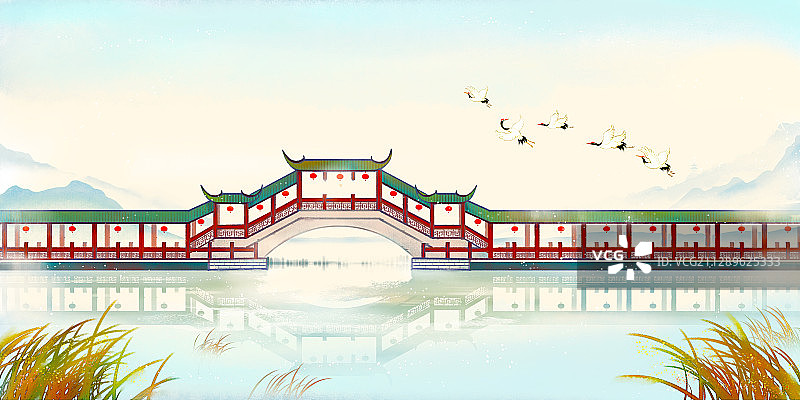 中国风唯美秋天古桥手绘插画图片素材