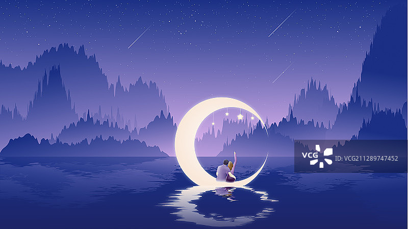 星空下的群山和湖面上坐在弯月上的情侣矢量插画图片素材