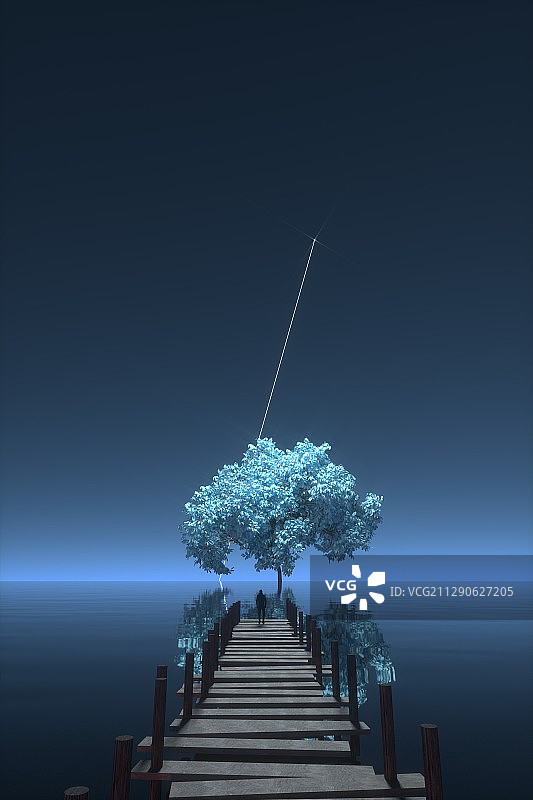 深蓝色夜空下站在栈道尽头的人望着远方海面上的大树，三维渲染图片素材