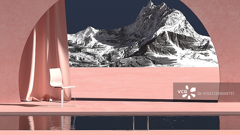 拱门外的高峰雪山场景，三维渲染图片素材
