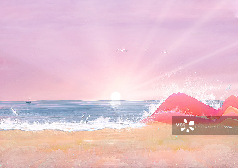 夏天阳光照在海面上，海浪拍打着沙滩插画图片素材