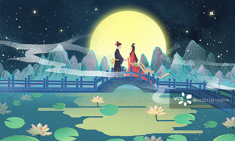 中国风七夕节在桥梁上牵手赏月的牛郎织女图片素材
