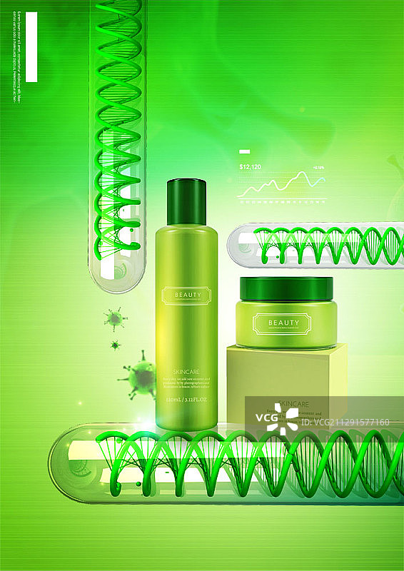 合成图像的绿色化妆品包装与绿色DNA在试管图片素材