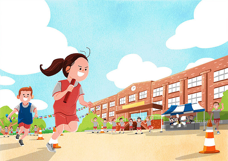 儿童在学校运动会当天进行接力赛的插图图片素材