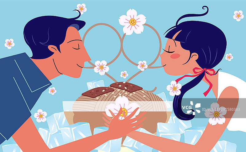 矢量插图的夫妇吃荞麦面与心形面条和樱花图片素材
