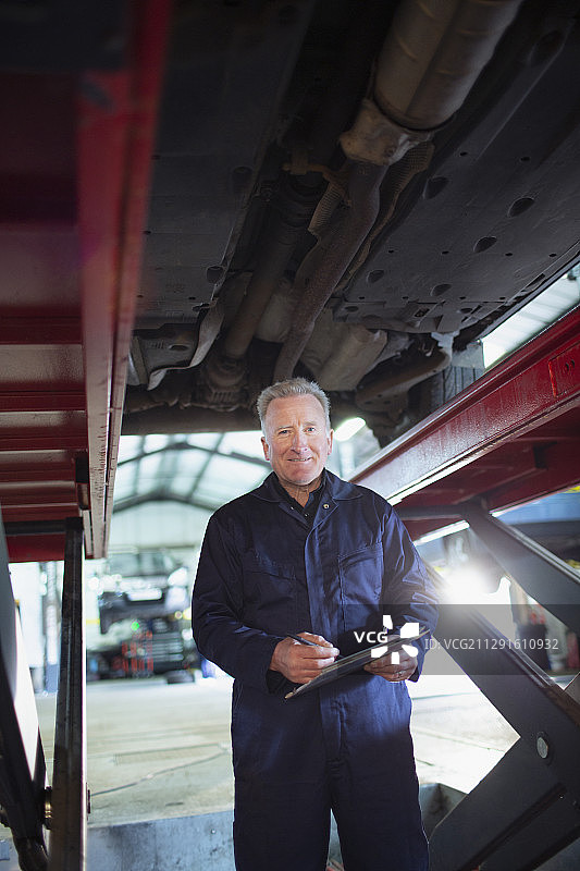 肖像自信的男性机修工与剪贴板在汽车修理厂下工作图片素材