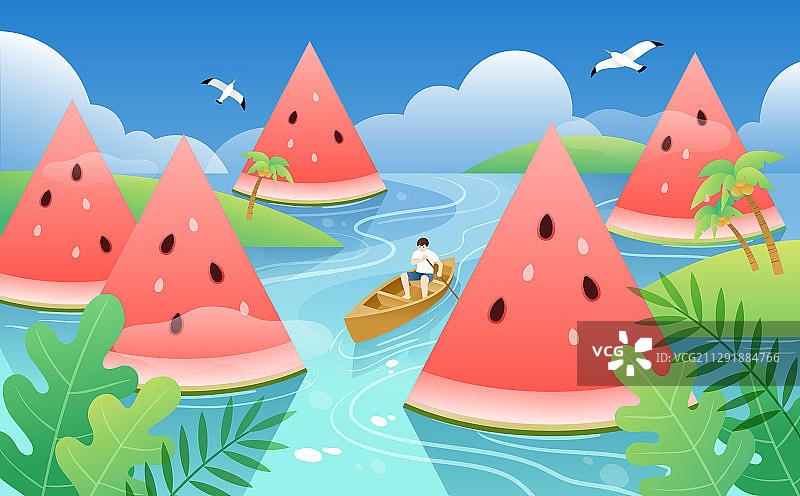 夏天水上的西瓜和划船的人图片素材