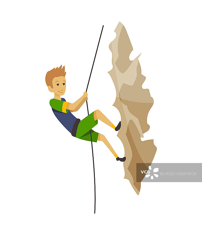 一个男孩带着装备爬上一座石山图片素材