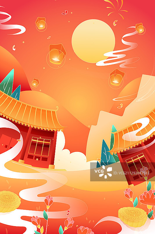 卡通中秋节传统节日电商促销年货节灯会古建筑风景中国风矢量插画图片素材