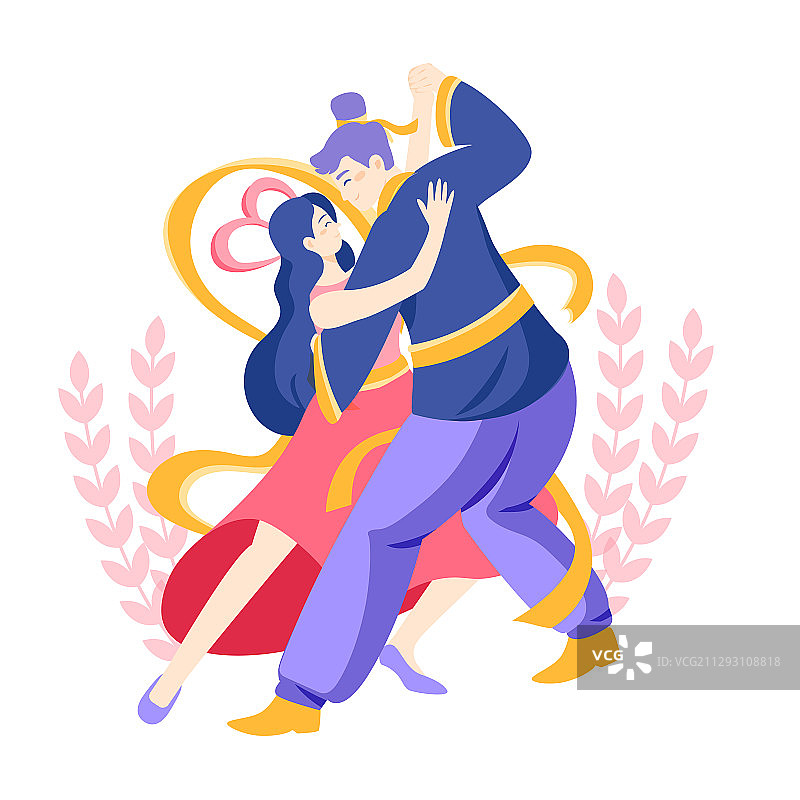 卡通七夕情人节牛郎织女跳舞电商促销中国风传统节日习俗矢量插画图片素材