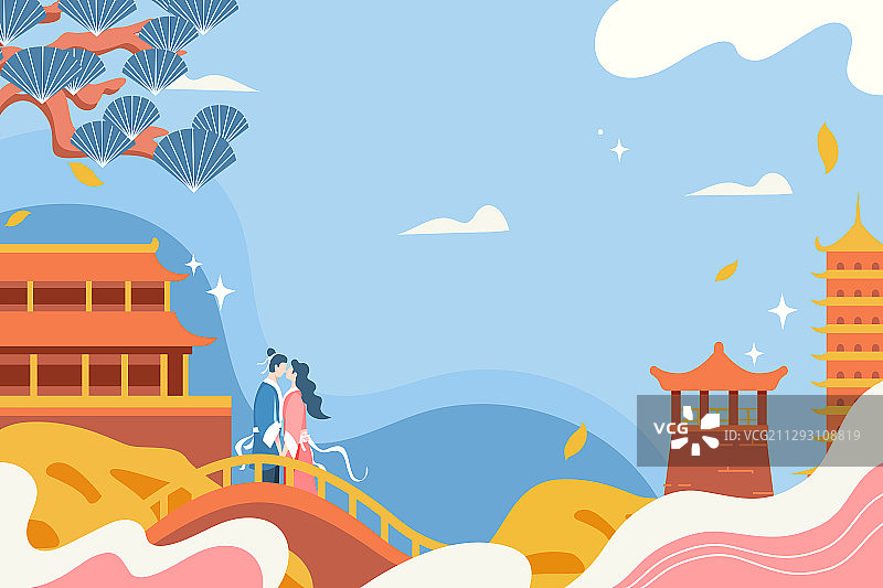 卡通七夕情人节牛郎织女电商促销中国风传统节日古建筑矢量插画图片素材