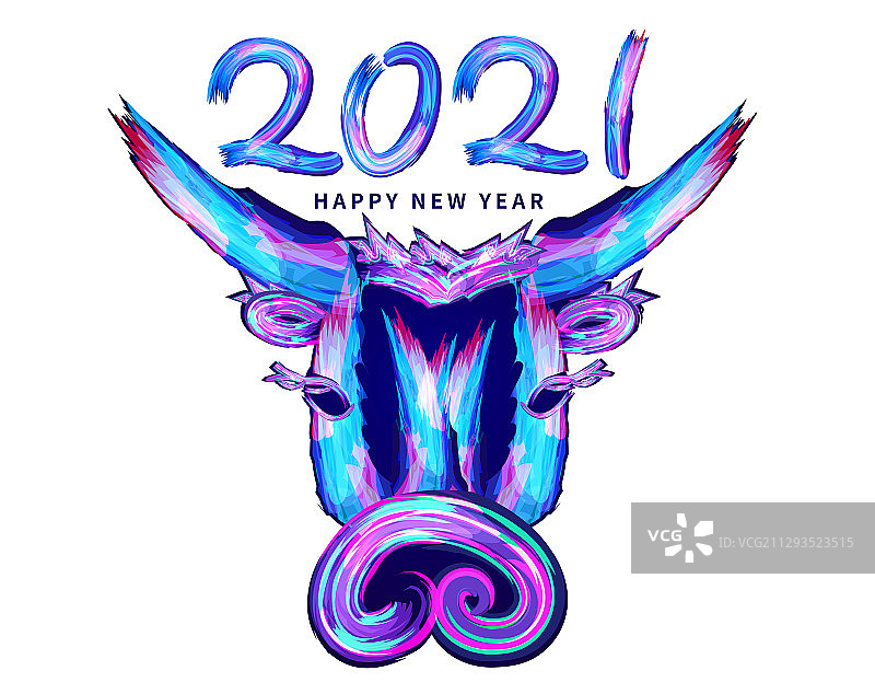 2021新年炫彩荧光色的牛头插画图片素材