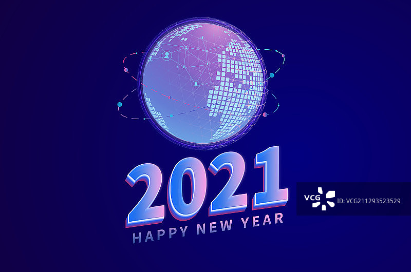 2021新年数字标语和一个发光地球仪插画图片素材