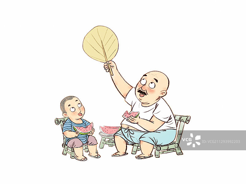 夏天夜晚爷爷和孙子乘凉看星星吃西瓜儿童插画图片素材