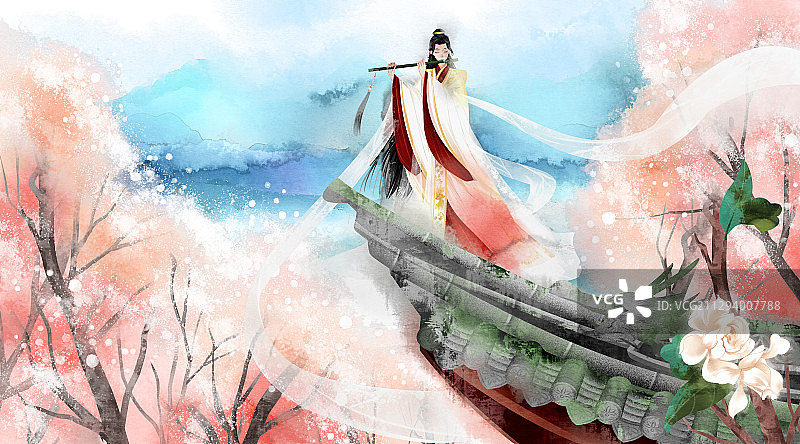 中国风屋顶吹笛子的男性插画图片素材
