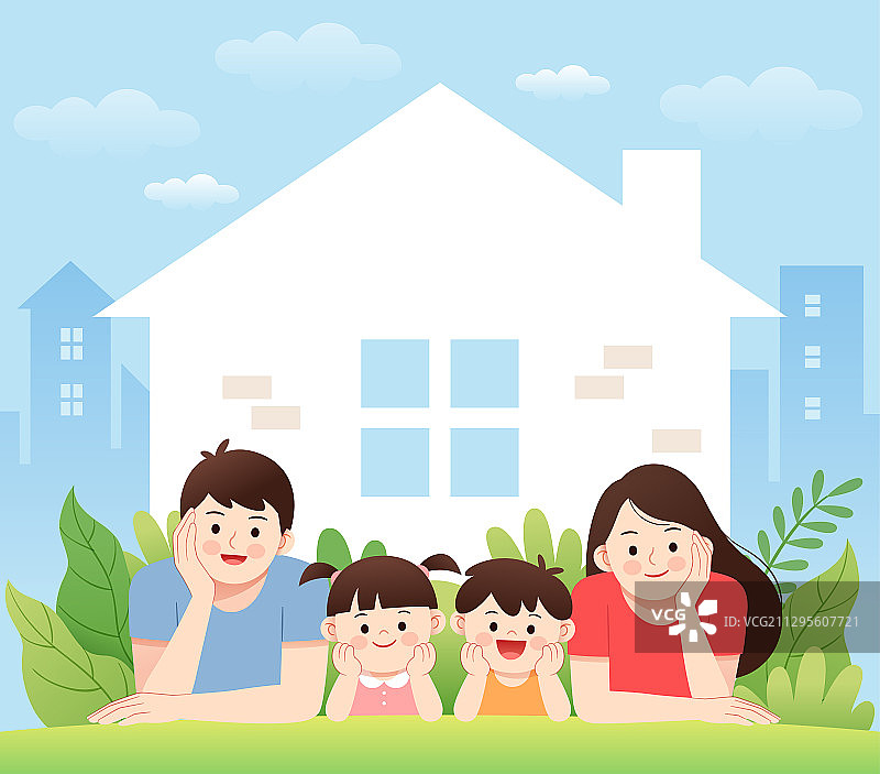 房子前的幸福一家人图片素材
