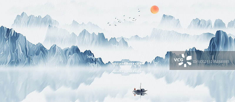 中国风蓝色水墨山水画图片素材