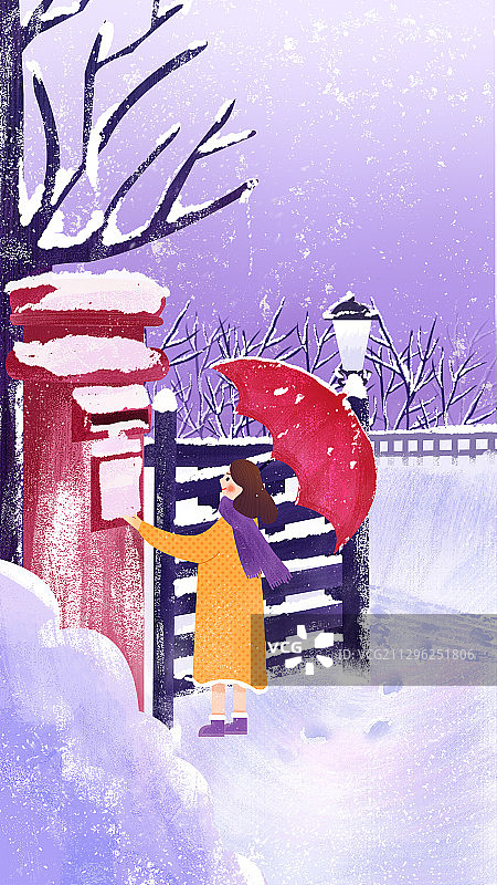 插画节气季节冬天户外邮寄信打伞寒冷女孩树枝路积雪图片素材