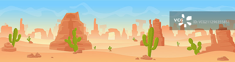石质沙地沙漠景观全景平面卡通图片素材