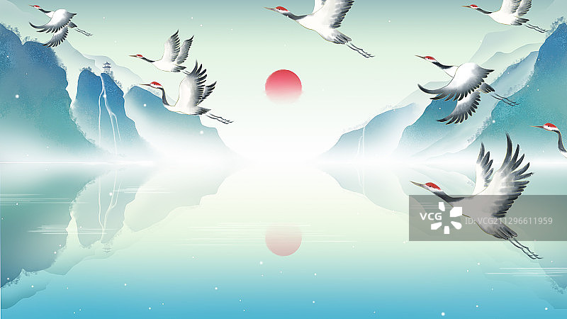 唯美飞鹤中国风手绘山水画图片素材