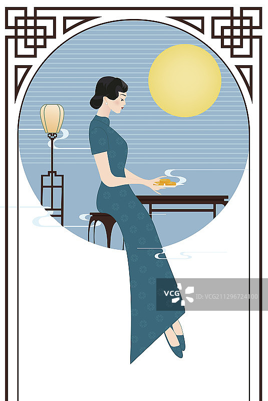 穿旗袍的中国女人端着月饼的中秋节插画图片素材
