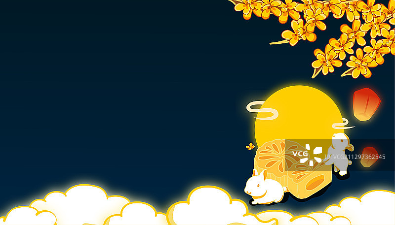 蓝色背景中秋节桂花树下月亮与玉兔月饼海报图片素材