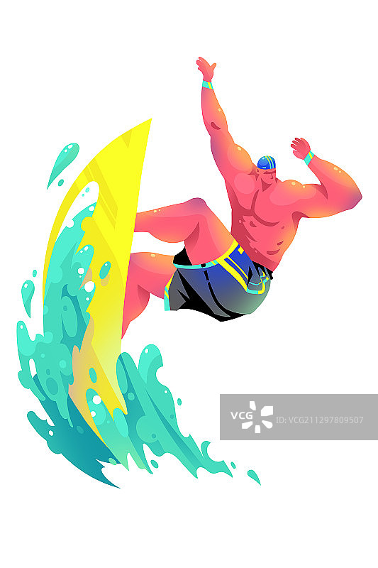 肌肉男穿短裤海上冲浪的插画图片素材