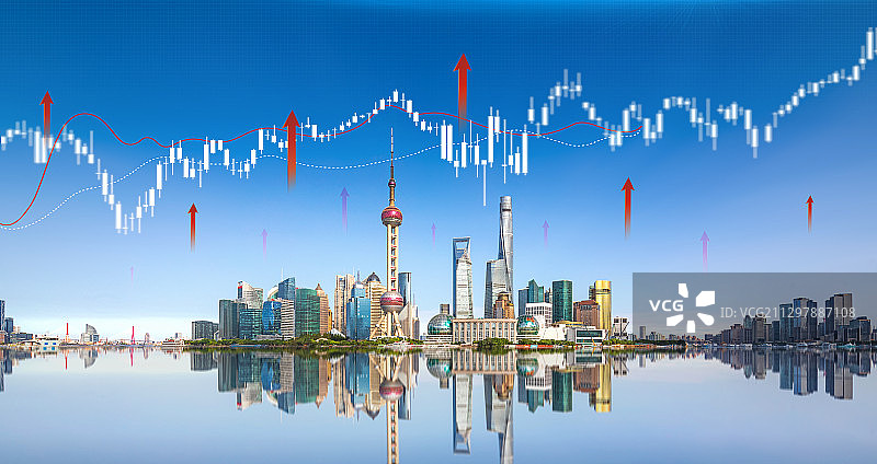 白昼上海陆家嘴城市天际线全球商务经济金融中心股市上涨K线图图片素材
