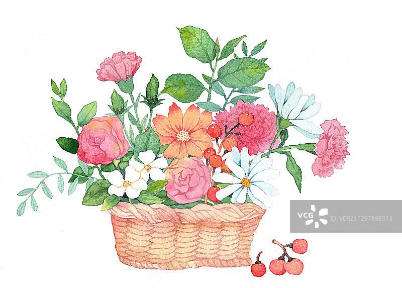 唯美手绘水彩插画系列-一篮子鲜花图片素材