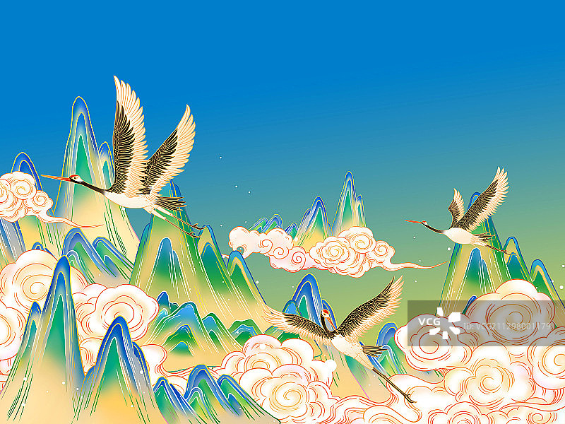 国风山河仙鹤菊花重阳节插画图片素材