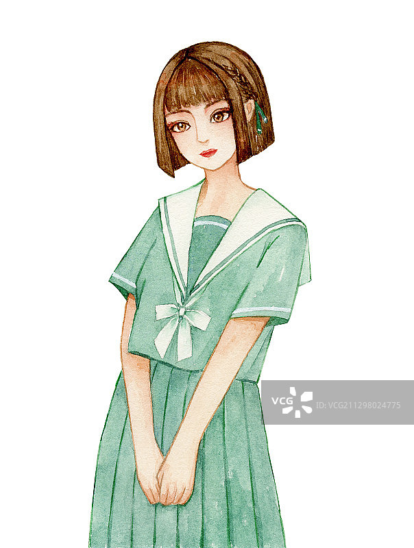 一个穿着绿色水手服裙子站立的少女 水彩手绘插图片素材