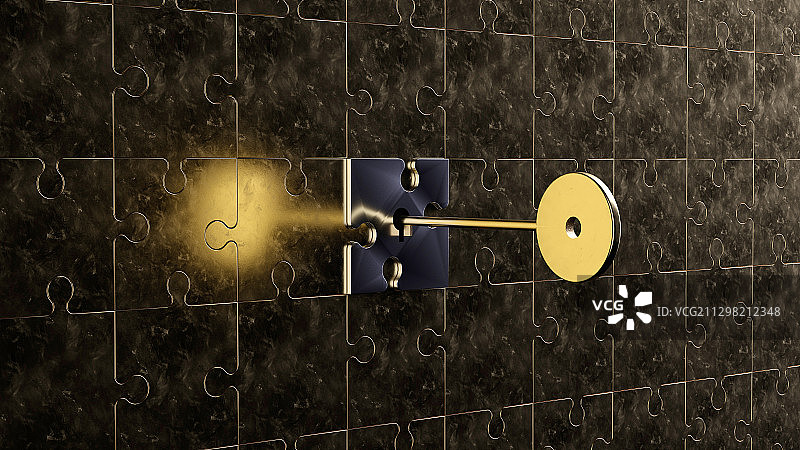 3D渲染金色拼图板块上插着的一把钥匙图片素材