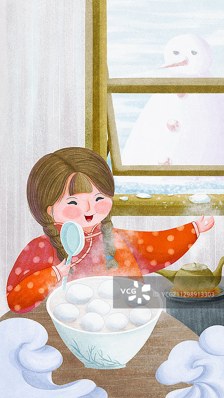 外面在下雪，小女孩在家吃汤圆图片素材