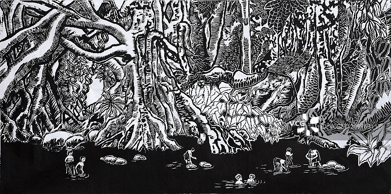 黑白木刻版画《林间》图片素材