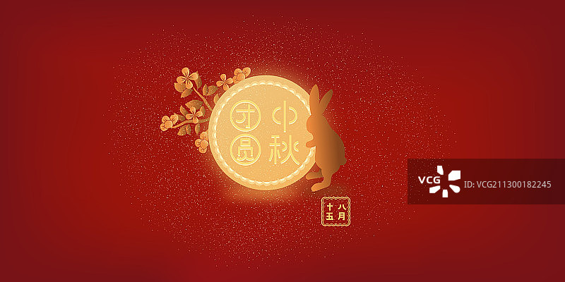 中国风红色背景，兔子抱着月亮图案图片素材