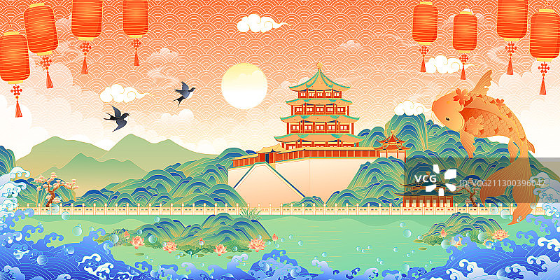 北京颐和园万寿山风景矢量插画图片素材